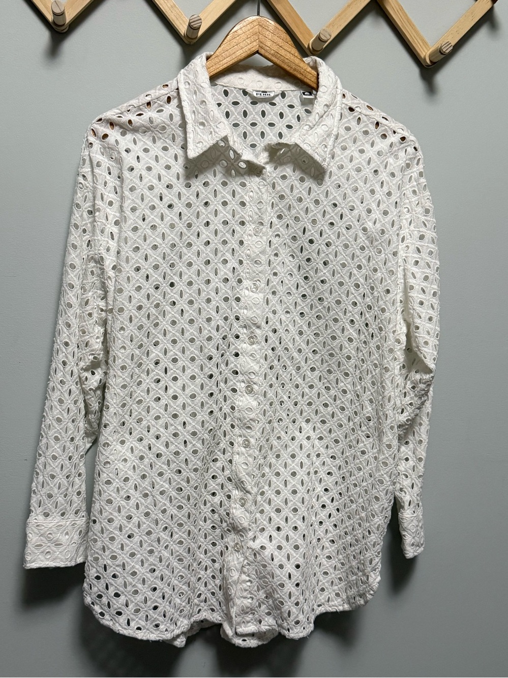 Penn White Eyelet  Button-Up Shirt,vacation,beach cover up,Boho Blouse,